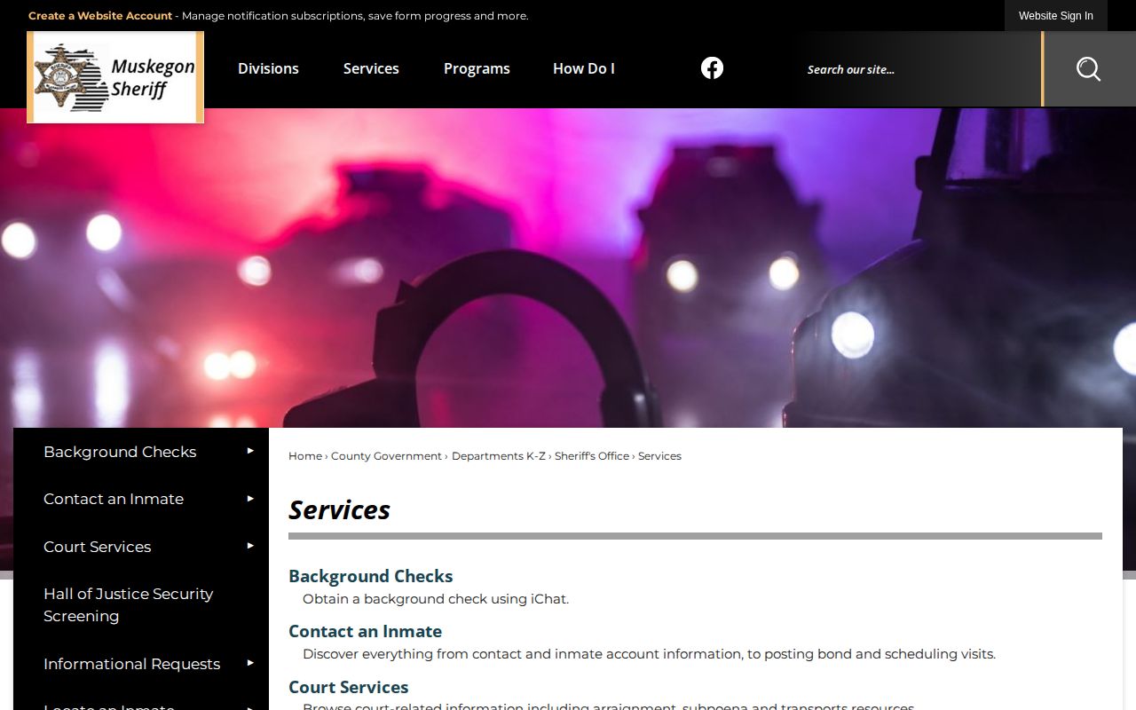 Muskegon County 24-hour release access on the Sheriff services page