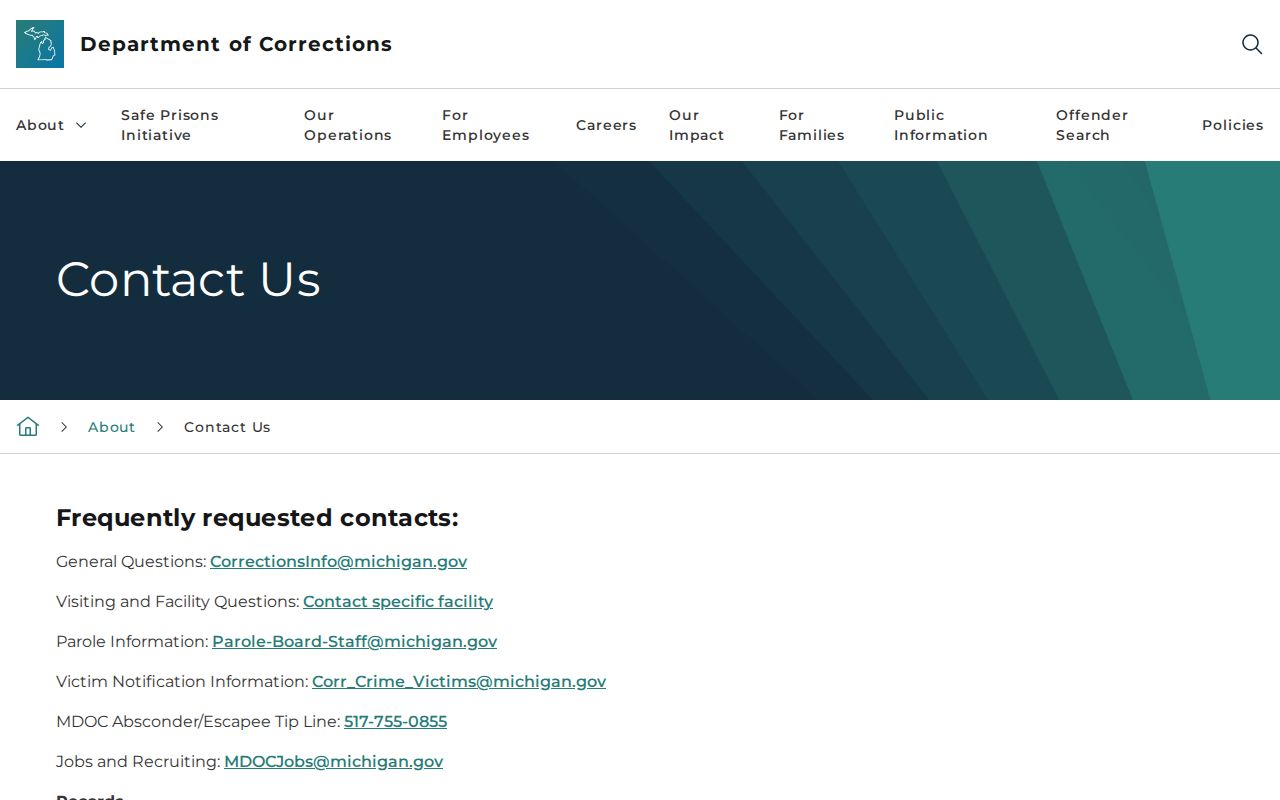 Michigan Department of Corrections contacts and records offices for Brooks release records