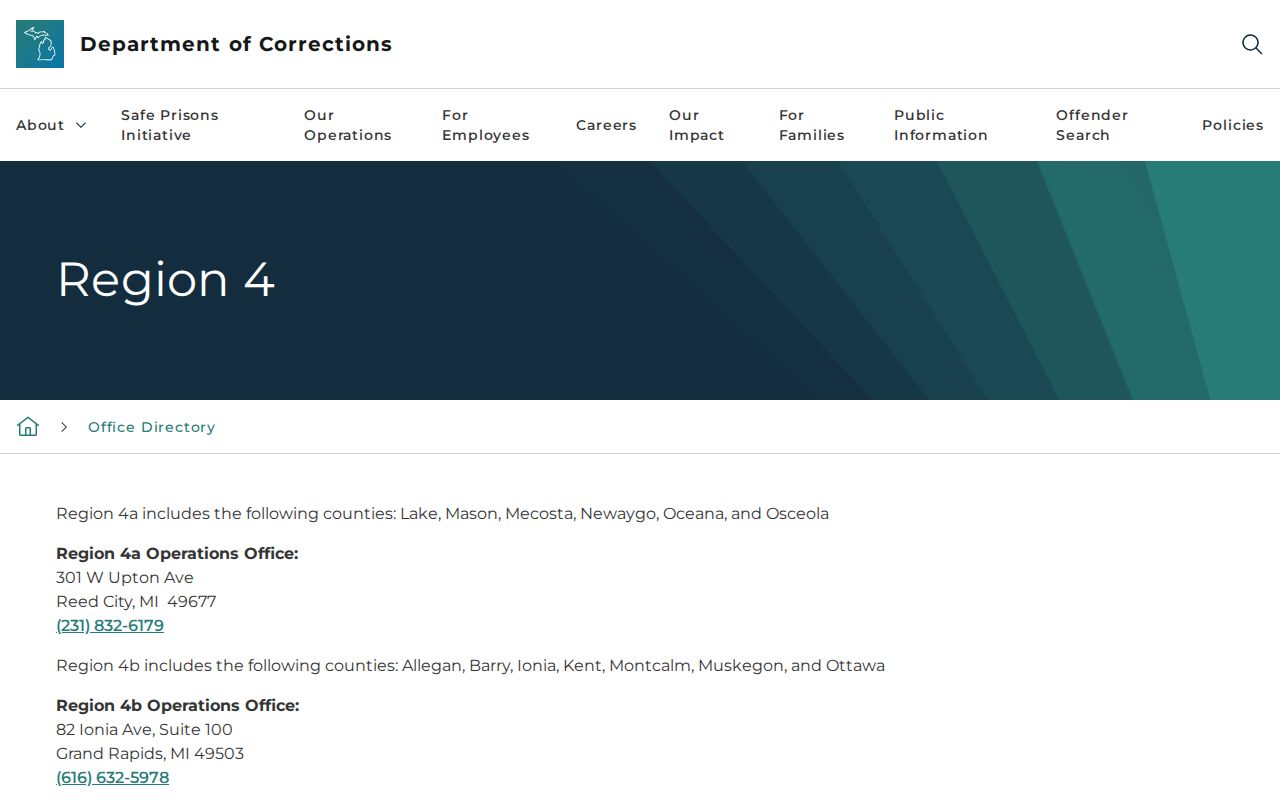 Muskegon County parole and probation Region 4 office directory