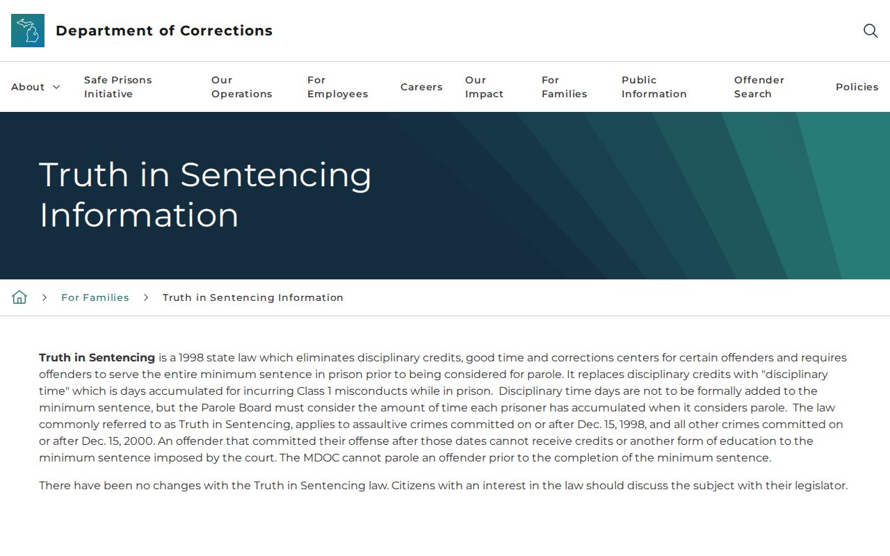Michigan truth-in-sentencing rules for Muskegon projected release dates