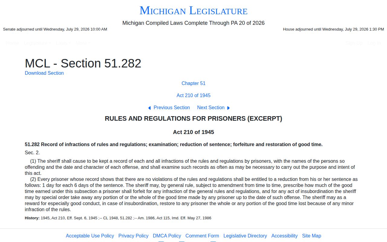 MCL 51.282 Muskegon County jail projected release date allowance