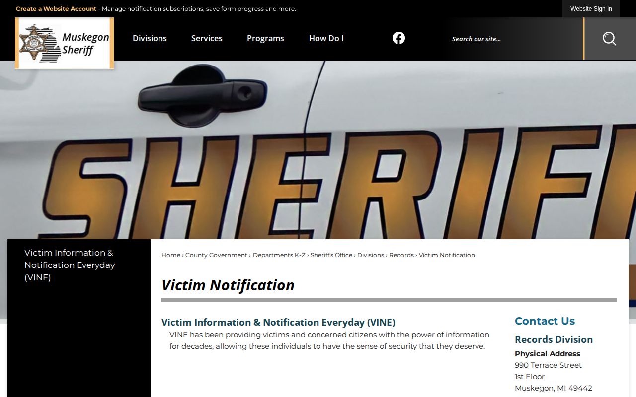 Muskegon County VINE victim notification and inmate release check information