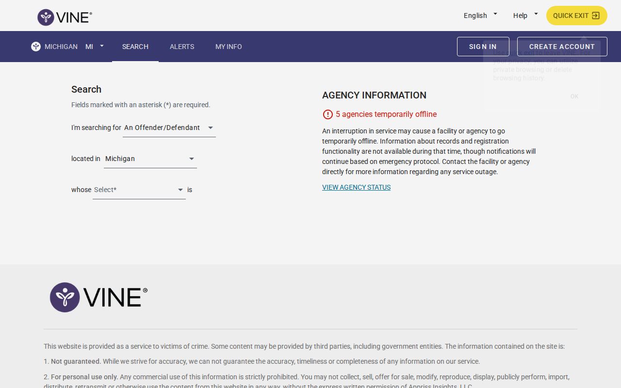 Michigan VINELink person search for a Muskegon County inmate check